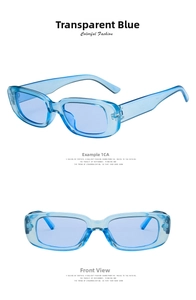 Detail view of rectangular transparent blue sunglasses with metal hinge and retro design