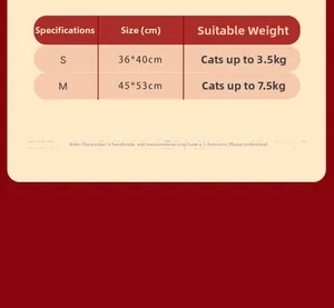 Tabella taglie cuccia per animali: S (36x40cm) fino a 3,5kg, M (45x53cm) fino a 7,5kg
