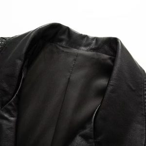 Close-up of the lapel and premium leather texture on this black PU jacket for women