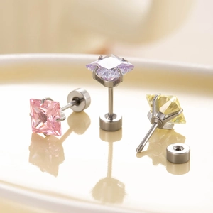 Colorful 6mm square zircon titanium steel stud earrings in purple, pink and yellow