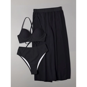 Haut De Bikini Bas Taille Haute Et Jupe De Plage Cover Up Maillot De Bain Femme Polyester Spandex Couleur Unie Sexy