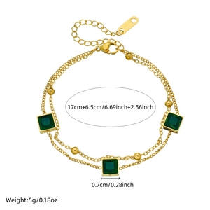 Double-layer gold plated stainless steel bracelet with green square glass pendants