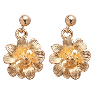 Elegant gold flower stud earrings with detailed petal texture and metallic finish