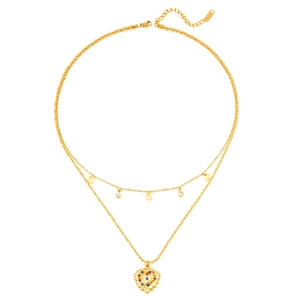 Double-layered 14K gold-plated heart necklace with colorful rhinestones and gold discs