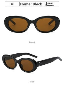 Retro oval sunglasses with black frames, brown lenses and star rivet side details