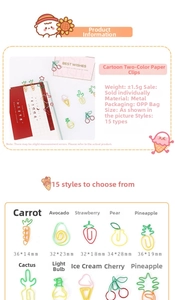 Detailed view of creative carrot and fruit shaped colorful metal paper clips for office use