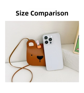 Mini bear crossbody bag size comparison with a smartphone showing compact dimensions