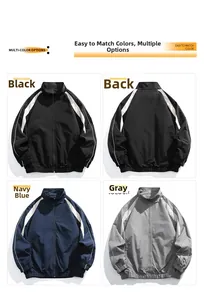 Men's stand-up collar jacket with contrast stripes, available in black, navy, and grey