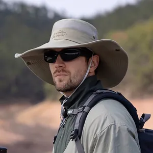 Outdoor sun hat with wide brim, breathable mesh and wind cord for hiking and fishing