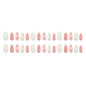 Pink and white press-on nail set with hand-painted floral patterns and pearl accents