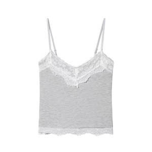 Graues Strick-Camisole mit V-Ausschnitt, weißem Spitzenbesatz und Spaghetti-Trägern