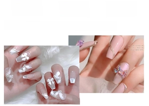 Nail art charms featuring aurora crystal bows and pearl designs in various sizes
