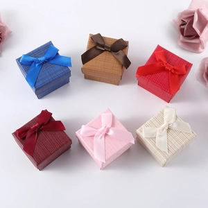 Square jewelry gift boxes with satin bows for rings and earrings in six vivid colors