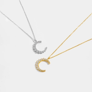 S925 Sterling Silver Crescent Moon Necklace with Cubic Zirconia Pendants in Gold and Silver