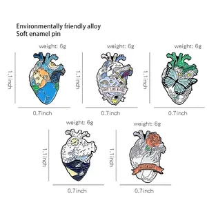 Five styles of creative heart enamel pins featuring Van Gogh art and ocean waves motifs