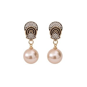Vintage Art Deco pearl drop earrings with crystal geometric patterns in gold and black