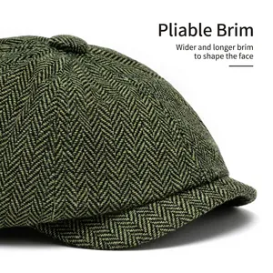 Vintage green herringbone tweed newsboy cap with a wide foldable brim for face shaping