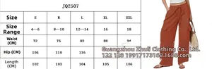 Size chart for wide leg cargo pants with a model wearing the orange drawstring trousers
