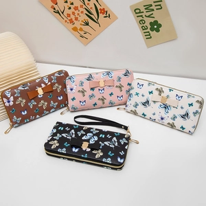 Long Zipper Wallet For Women PU Leather Butterfly Print Bowknot Clutch With Wristlet Strap Large Capacity