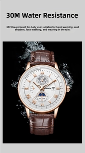 Detail of waterproof business watch with brown leather strap splashing in water