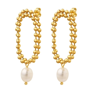 Vintage double-layered gold beaded hoop earrings with white freshwater pearl drops