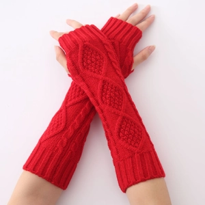 Red knit fingerless long gloves with diamond jacquard pattern worn by a model