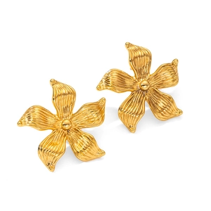 Elegant gold titanium five-petal flower stud earrings with textured metallic petals