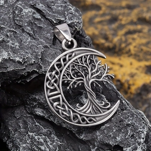 Retro stainless steel Tree of Life and Crescent Moon pendant with Celtic Knot patterns