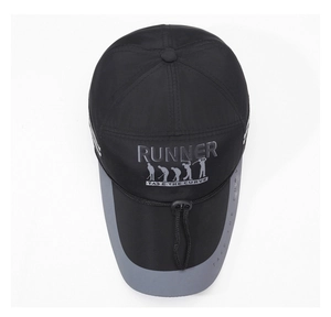 Detail of a black sun hat with RUNNER print and adjustable chin strap for outdoor sports