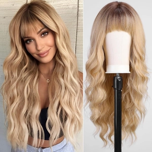 Detail view of ombre golden brown long wavy wig with bangs on model and mannequin