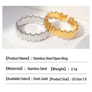 Minimalist stainless steel open ring set in gold and silver finish with gear textures