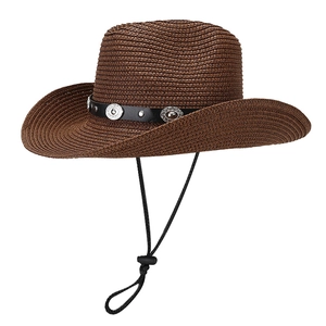 Classic dark brown western straw cowboy hat with studded leather band and chin strap
