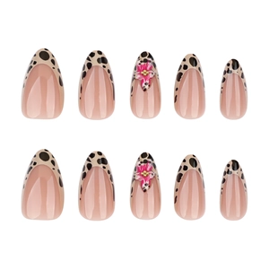 Short almond fake nails with French leopard print and 3D pink flowers on a white background