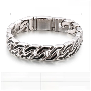 Detail view of punk stainless steel men's bracelet with black stripes and size specs