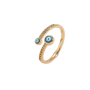 14K gold plated open ring featuring blue evil eye charms and sparkling zircon accents