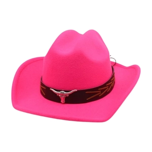 Chapeau de cowboy en feutre rose avec ornement tête de taureau et bande en cuir