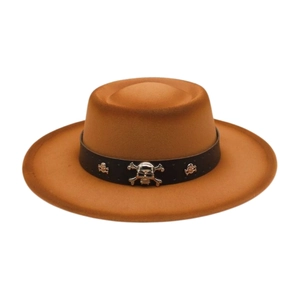 Detail of brown wool felt fedora featuring a black leather band and silver skulls
