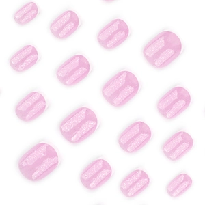 Short round press-on nails with French white tips and pink glitter finish for women
