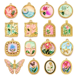 Pendentifs Style Peinture À L'huile Vintage Papillon Fleur Cœur Charms En Acier Inoxydable Pour DIY Bijoux