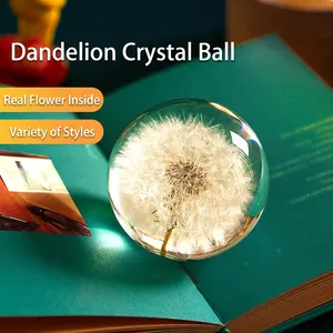 Dandelion Crystal Ball Paperweight Real Dried Flower Specimen Transparent Resin Sphere Desktop Ornament Home Decor Gift