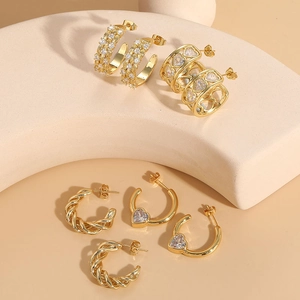 14K Gold Plated Copper Zirconia Hoop Earrings For Women Heart Twisted Rope C-Shaped Earrings Light Luxury Ins Style Jewelry
