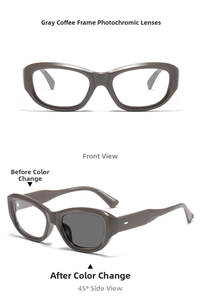 Cat eye blue light glasses showing photochromic transition from clear to dark grey lenses