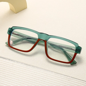 Retro blue light blocking glasses with transparent green and dark red contrast frame