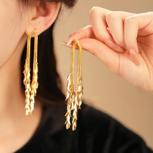 Leaf Tassel Dangle Earrings Gold Plated Copper Elegant Long Ear Jewelry With Silver Earring Post For Women Luxury Style