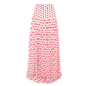 Detail view of high waist tiered maxi skirt featuring bold pink polka dots and ruffled hem