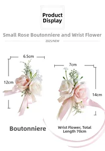 Dettaglio del fiore all'occhiello di rosa artificiale e del corsage con nastri rosa