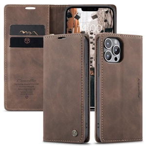 Brown vintage leather flip wallet case for iPhone 14 showing card slots and stand function