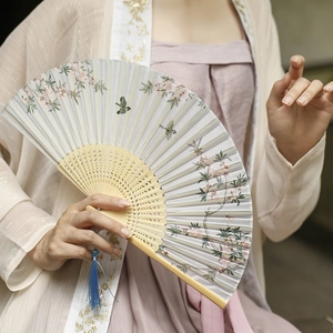 Folding Fan Bamboo Satin Fabric Handheld Chinese Vintage Style Hollow Carved Floral Bird Print With Tassel Elegant Portable