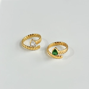 18k gold plated stainless steel open spiral ring set with pear cut white and green zircon