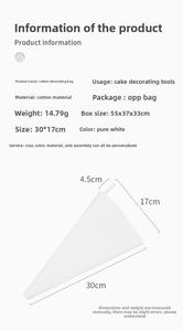 Detail view of a 30cm white cotton piping bag with precise measurement markings